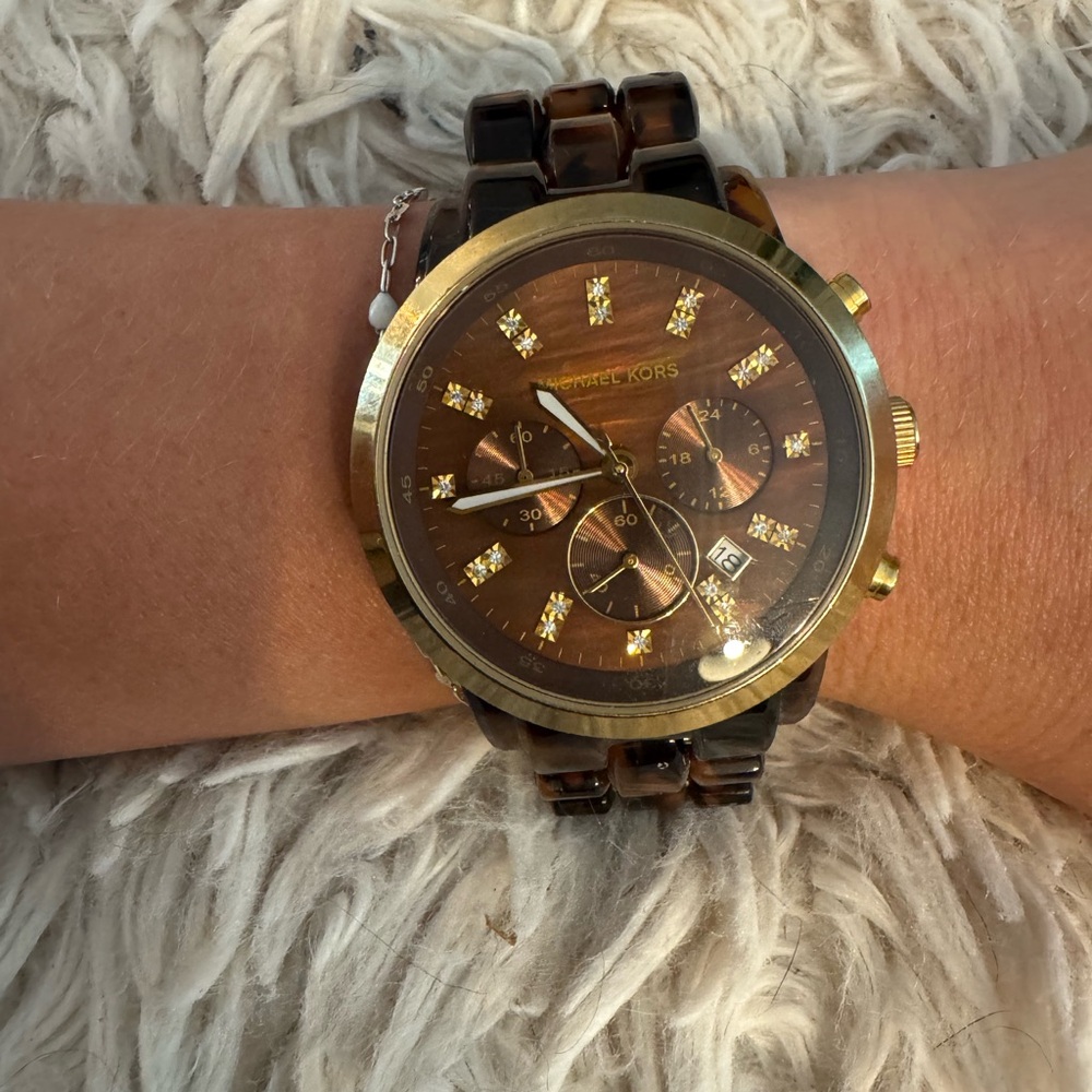 Michael Kors Gold and Turtle Shell Chronograph Watch